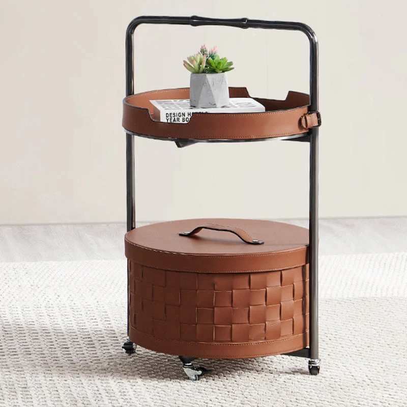 Contemporary Nordic Round Stainless Steel Saddle-Style Faux Leather End Table Movable 2-Tier For Living Room