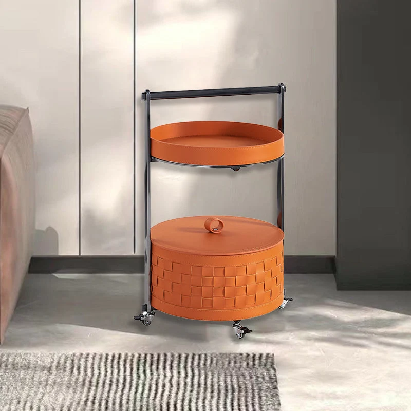 Contemporary Nordic Round Stainless Steel Saddle-Style Faux Leather End Table Movable 2-Tier For Living Room