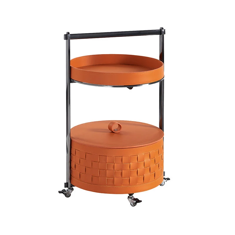 Contemporary Nordic Round Stainless Steel Saddle-Style Faux Leather End Table Movable 2-Tier For Living Room