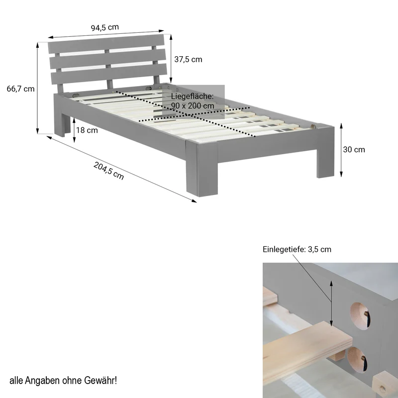 Lit simple 1 personnes avec sommier à lattes en bois gris 90x 200 cm LIT06207