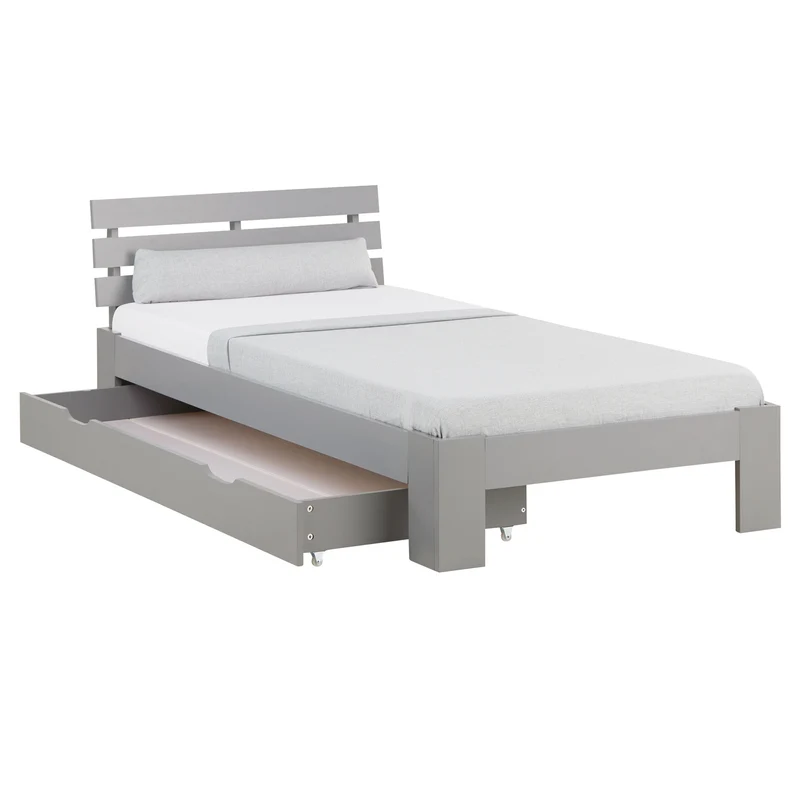 Lit simple 1 personnes avec sommier à lattes en bois gris avec tiroirs de rangement 90x 200 cm LIT06237