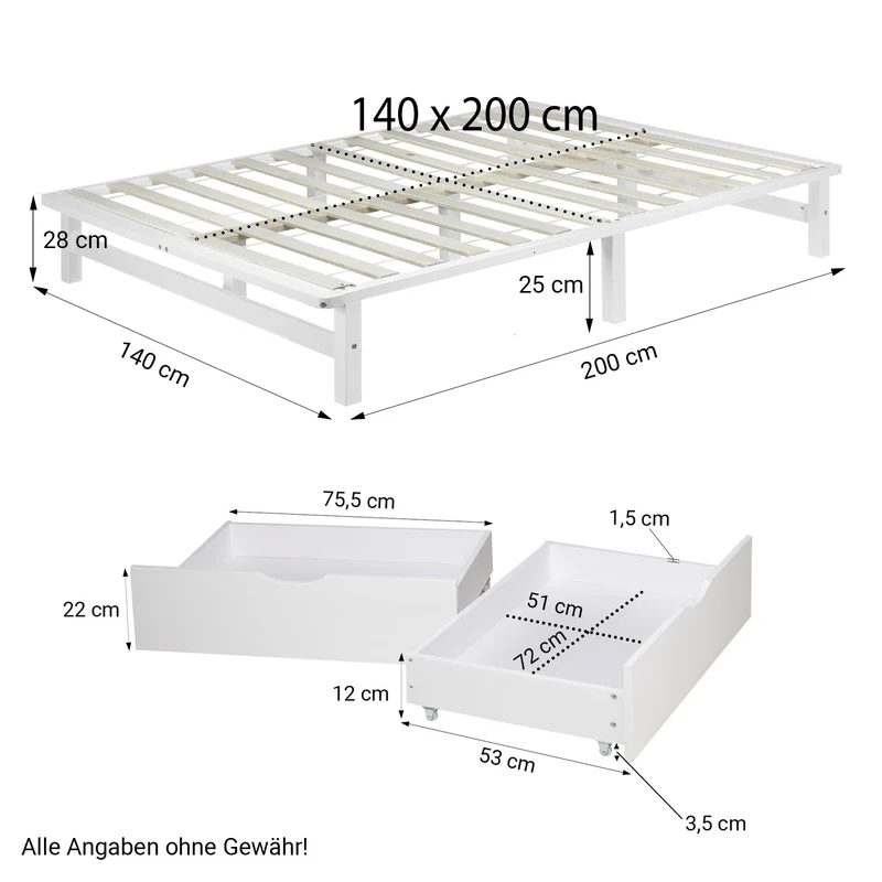Lit palette en bois massif blanc 140x200 cm avec tiroirs de rangement et sommier à lattes LIT06227