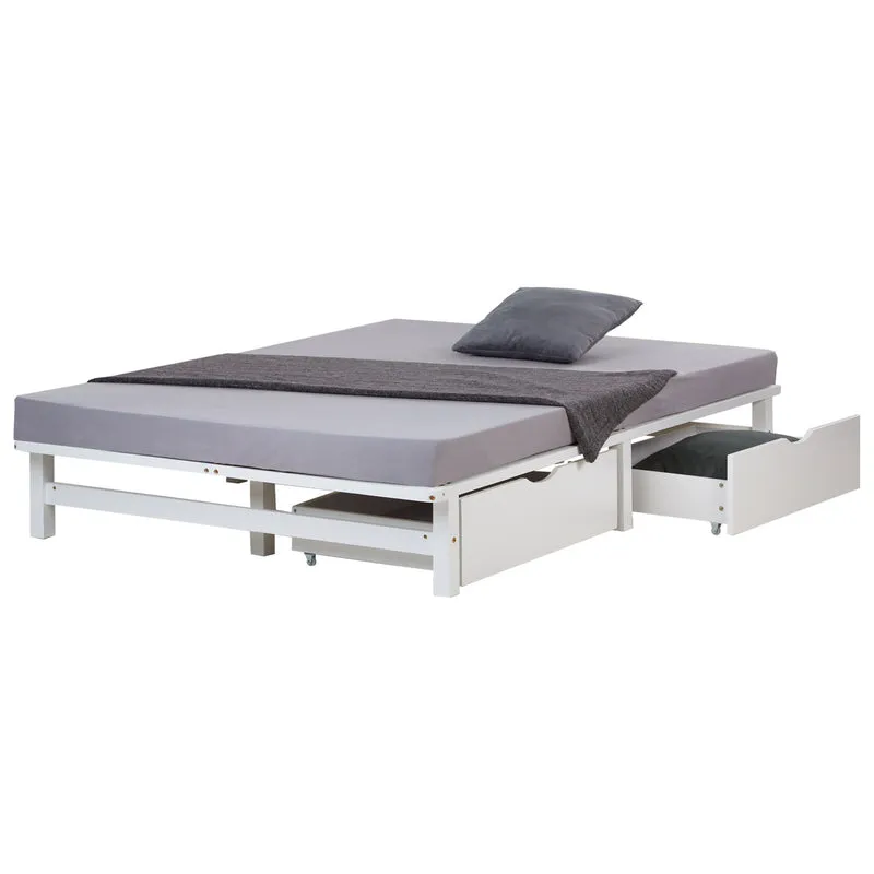 Lit palette en bois massif blanc 140x200 cm avec tiroirs de rangement et sommier à lattes LIT06227