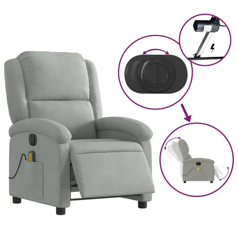Fauteuil relax TV fauteuil inclinable de massage électrique très confortable en velours gris clair DEC028299