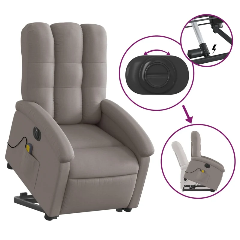 Fauteuil de relaxation fonction massage et inclinable fonction de levage électrique en tissu taupe DEC027861