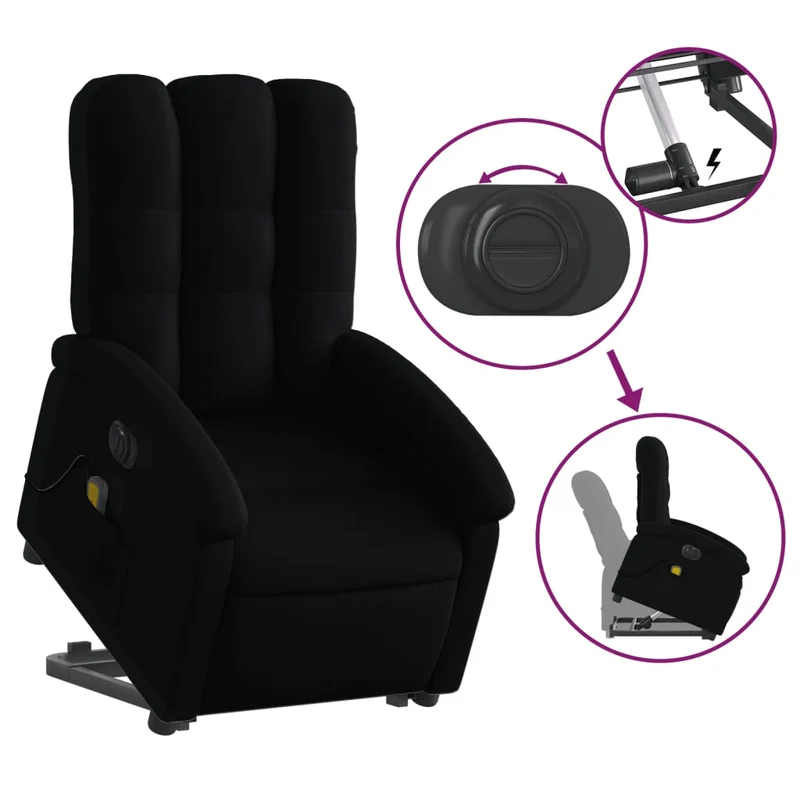 Fauteuil de relaxation fonction massage et inclinable fonction de levage électrique en tissu noir DEC027818