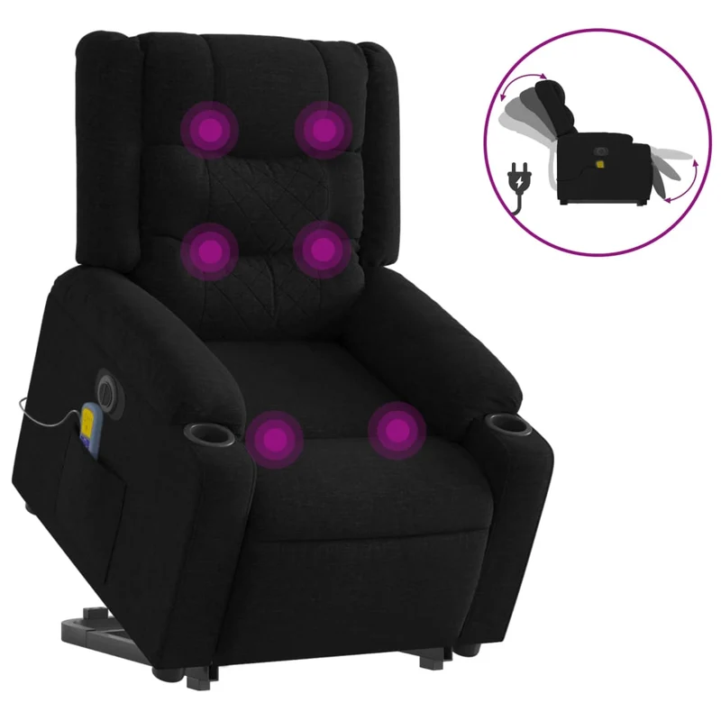 Fauteuil de relaxation fonction massage et inclinable fonction de levage électrique en tissu noir DEC027812