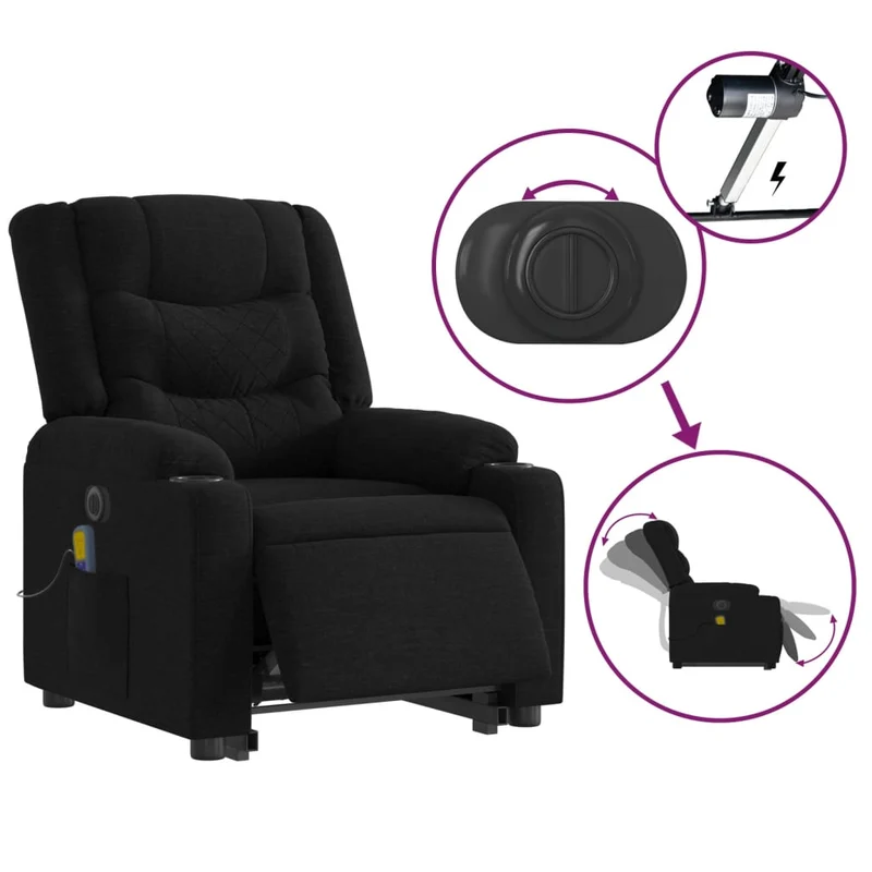 Fauteuil de relaxation fonction massage et inclinable fonction de levage électrique en tissu noir DEC027812