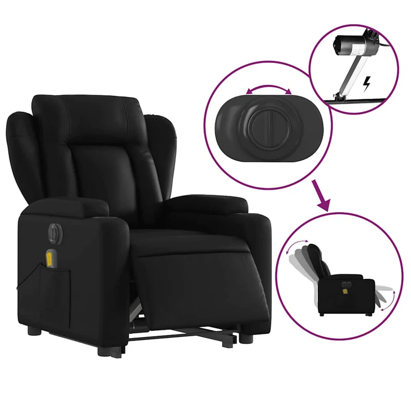 Fauteuil de relaxation fonction massage et inclinable fonction de levage électrique en PVC noir DEC027808