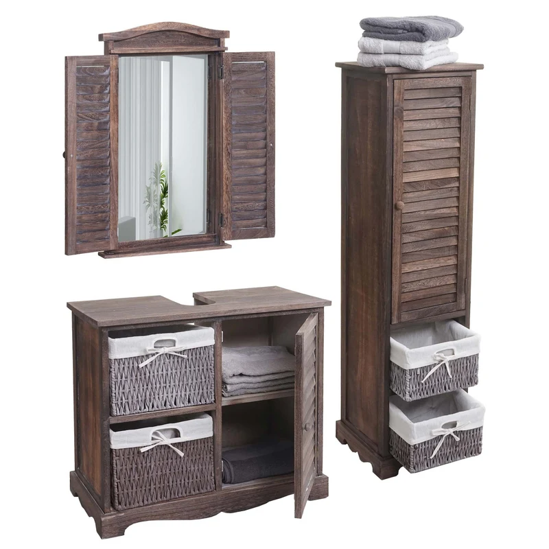 Ensemble de meuble de salle de bain meuble lavabo miroir mural et armoire de rangement en bois marron vieilli 04_0006704