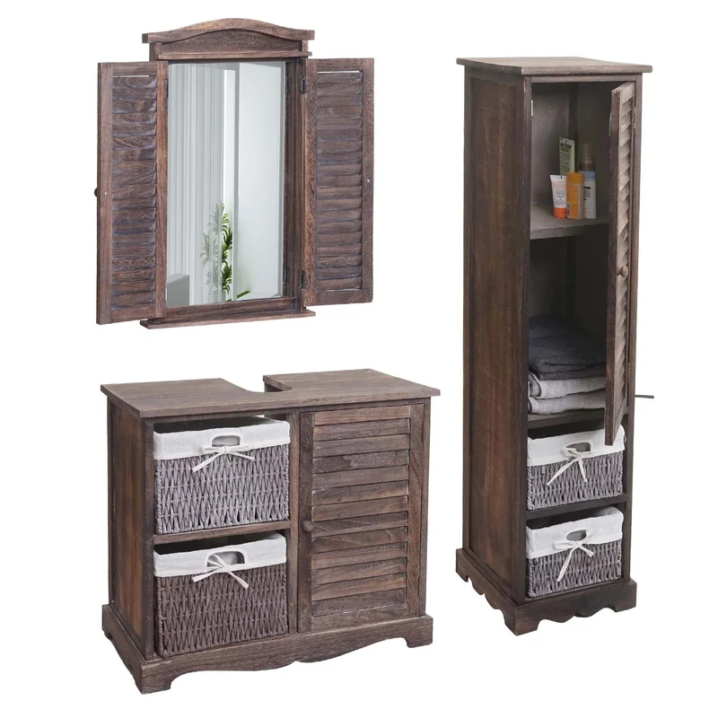 Ensemble de meuble de salle de bain meuble lavabo miroir mural et armoire de rangement en bois marron vieilli 04_0006704