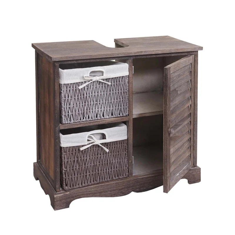 Ensemble de meuble de salle de bain meuble lavabo miroir mural et armoire de rangement en bois marron vieilli 04_0006704