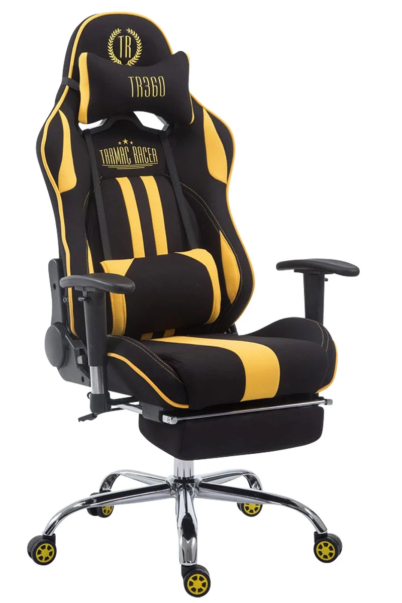 Fauteuil de bureau chaise gamer avec repose-pieds extensible en tissu noir / jaune et métal chromé 10_0002741