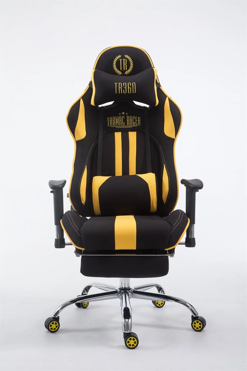 Fauteuil de bureau chaise gamer avec repose-pieds extensible en tissu noir / jaune et métal chromé 10_0002741