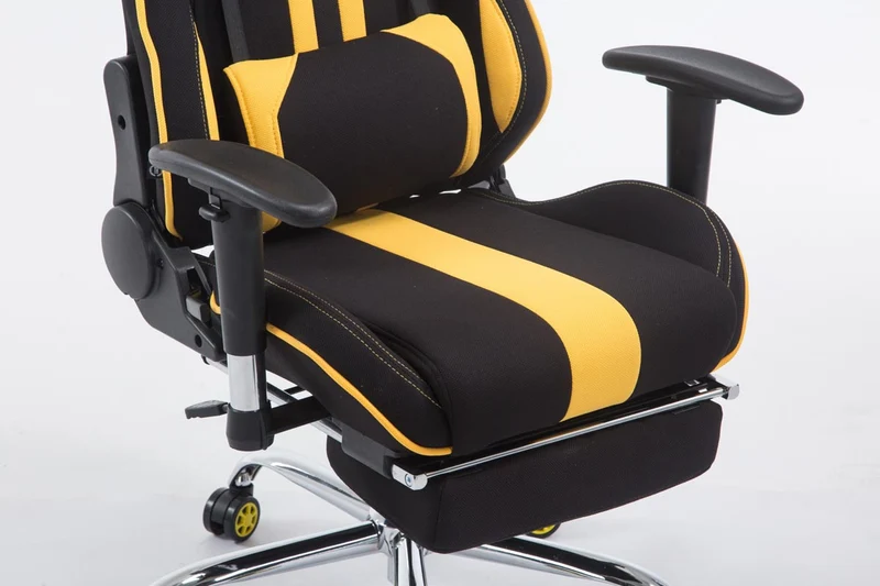 Fauteuil de bureau chaise gamer avec repose-pieds extensible en tissu noir / jaune et métal chromé 10_0002741