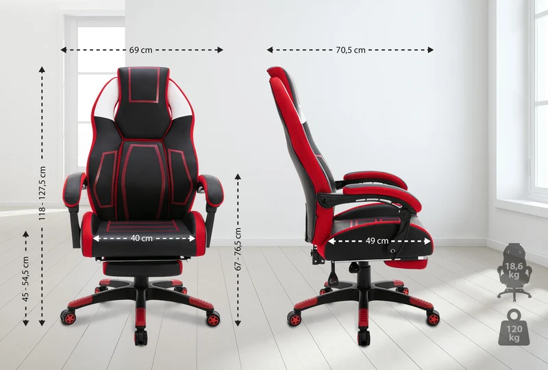 Fauteuil de bureau avec repose-pieds télescopique et accoudoirs en PVC noir / rouge 10_0002447