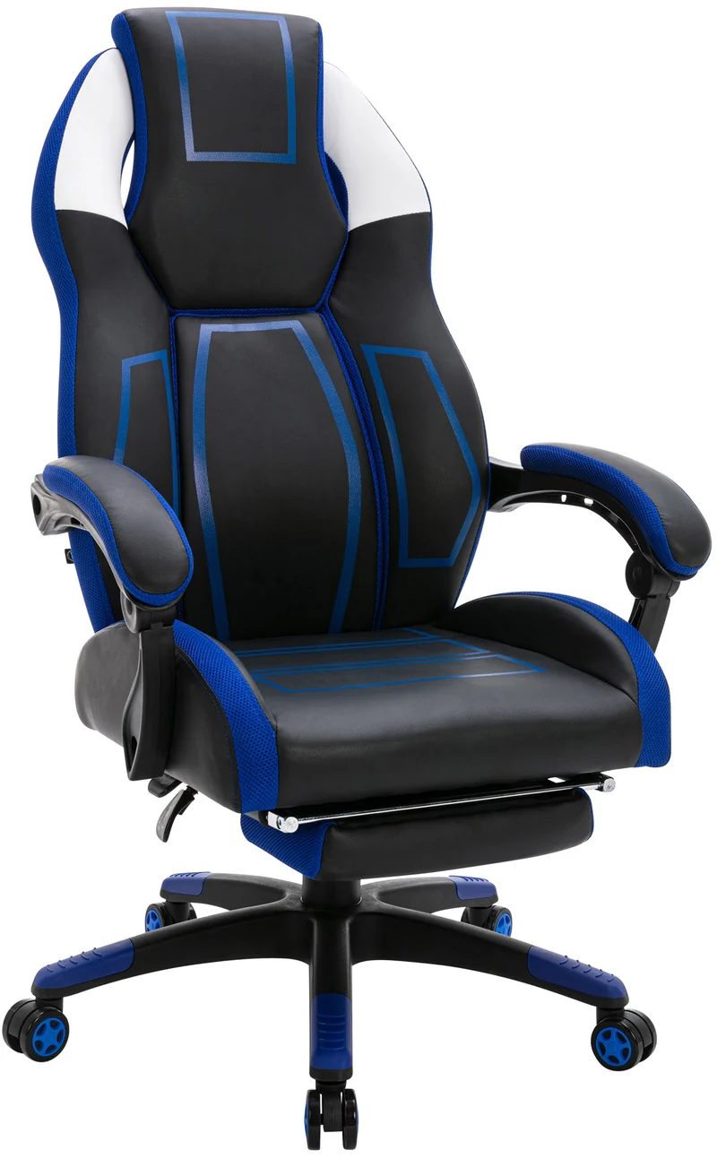 Fauteuil de bureau avec repose-pieds télescopique et accoudoirs en PVC noir / bleu 10_0002448