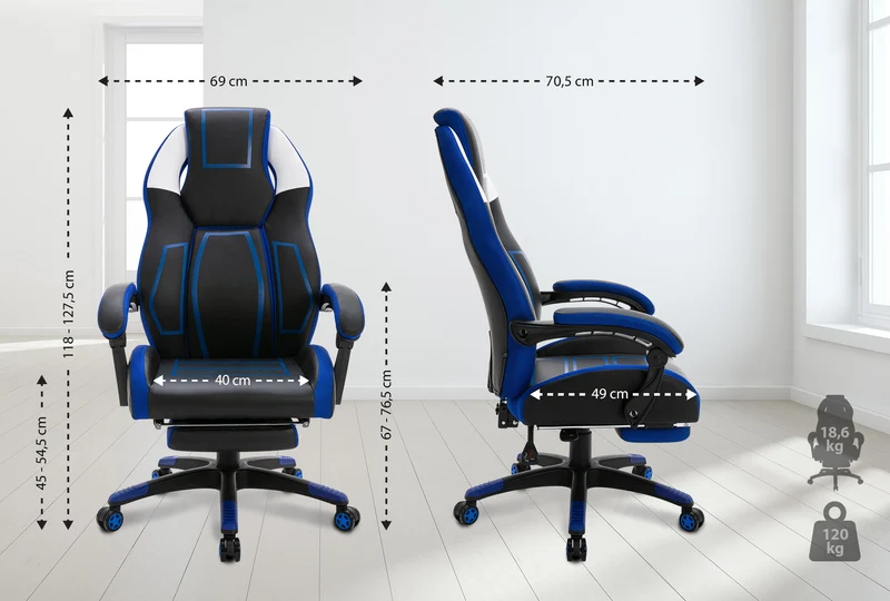 Fauteuil de bureau avec repose-pieds télescopique et accoudoirs en PVC noir / bleu 10_0002448
