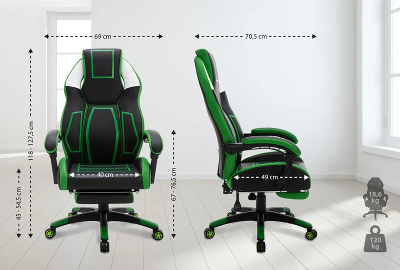 Fauteuil de bureau avec repose-pieds télescopique et accoudoirs en PVC noir / vert 10_0002449