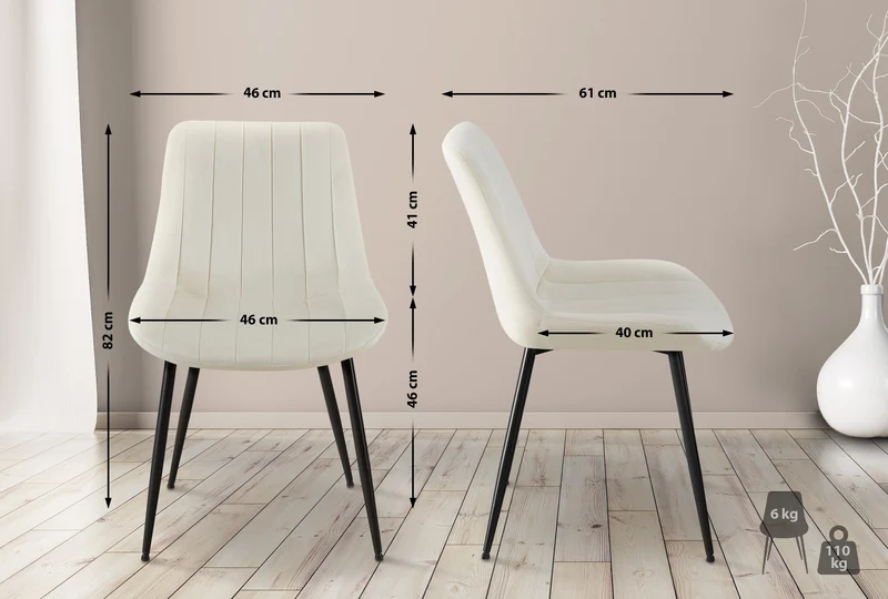 Chaise de salle à manger x1 en velours crème avec coutures verticales piètement en métal noir 10_0002332