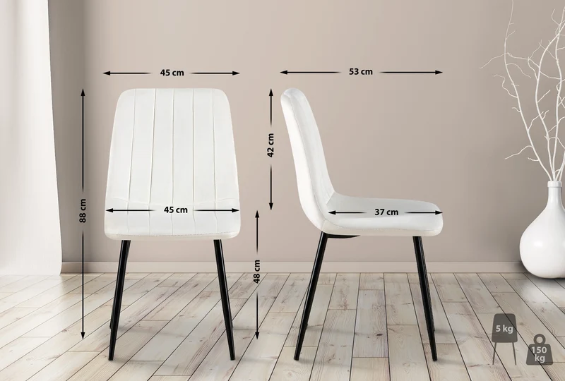 Chaise de salle à manger x1 coutures décoratives verticales assise en tissu velours blanc crème pieds en métal noir 10_0002203