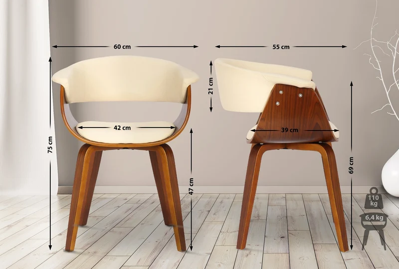 Chaise de bureau salle à manger style scandinave avec revêtement en PVC crème cadre en bois noyer 10_0002193