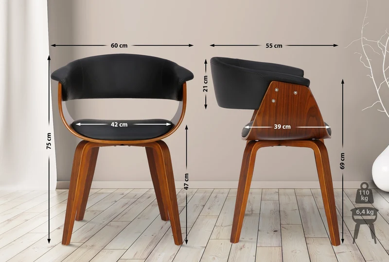 Chaise de bureau salle à manger style scandinave avec revêtement en PVC noir cadre en bois noyer 10_0002192