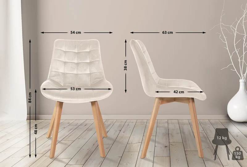Chaise de salle à manger x1 design scandinave coutures carrées en velours crème pieds en bois clair 10_0002191