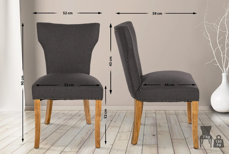Chaise de salle à manger x1 boutons décoratifs en tissu gris foncé et pieds en bois marron clair 10_0002173