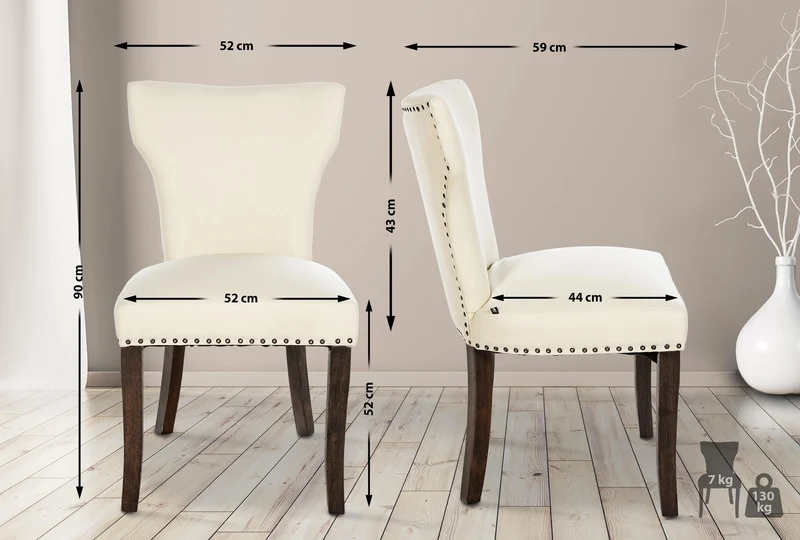 Chaise de salle à manger x1 boutons décoratifs en tissu crème et pieds en bois marron foncé 10_0002171