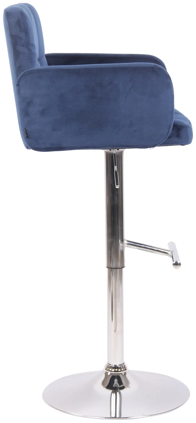 Tabouret de bar pivotant en velours bleu et métal chromé avec accoudoirs repose-pieds et dossier TDB10648