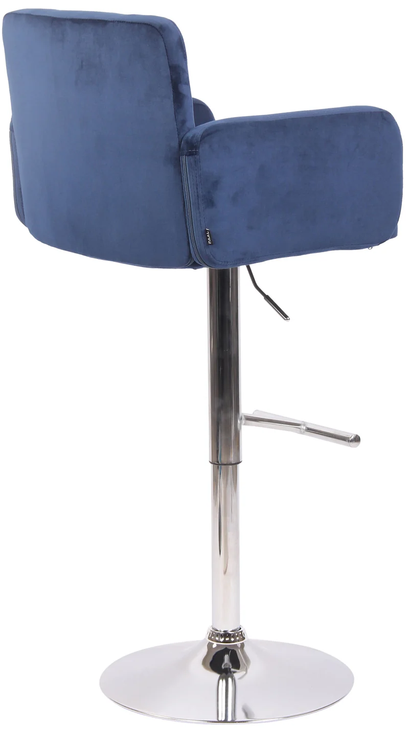 Tabouret de bar pivotant en velours bleu et métal chromé avec accoudoirs repose-pieds et dossier TDB10648