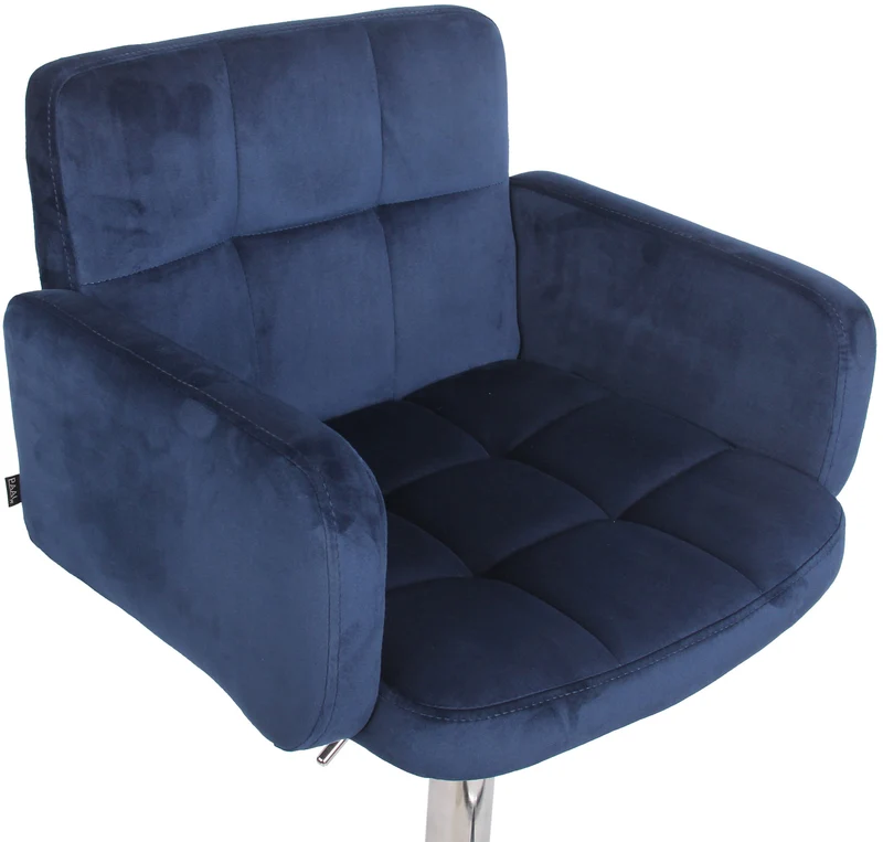 Tabouret de bar pivotant en velours bleu et métal chromé avec accoudoirs repose-pieds et dossier TDB10648