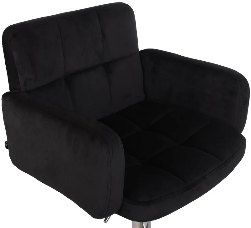 Tabouret de bar pivotant en velours noir et métal chromé avec accoudoirs repose-pieds et dossier TDB10644