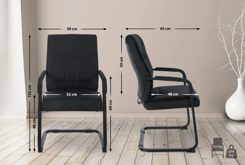 Chaise de visiteur XXL sans roulettes confortable et design en tissu noir BUR10699