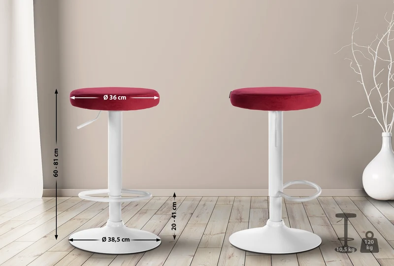 Lot de 2 tabourets de bar avec assise en tissu velours rouge et cadre métal blanc TDB10702