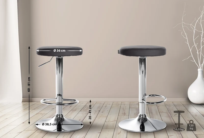 Lot de 2 tabourets de bar design simple avec assise en synthétique noir et cadre métal chromé TDB10694