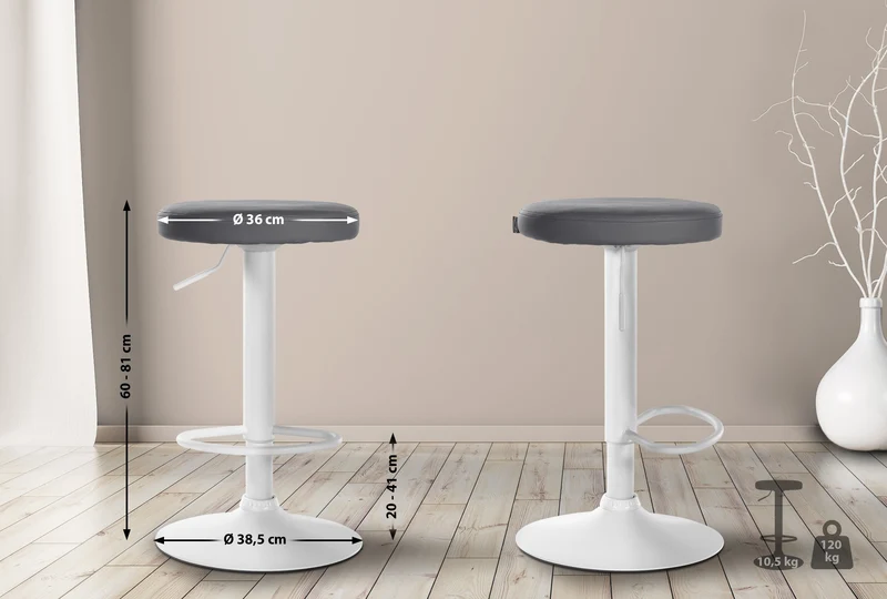 Lot de 2 tabourets de bar design simple avec assise en synthétique gris et cadre métal blanc TDB10680