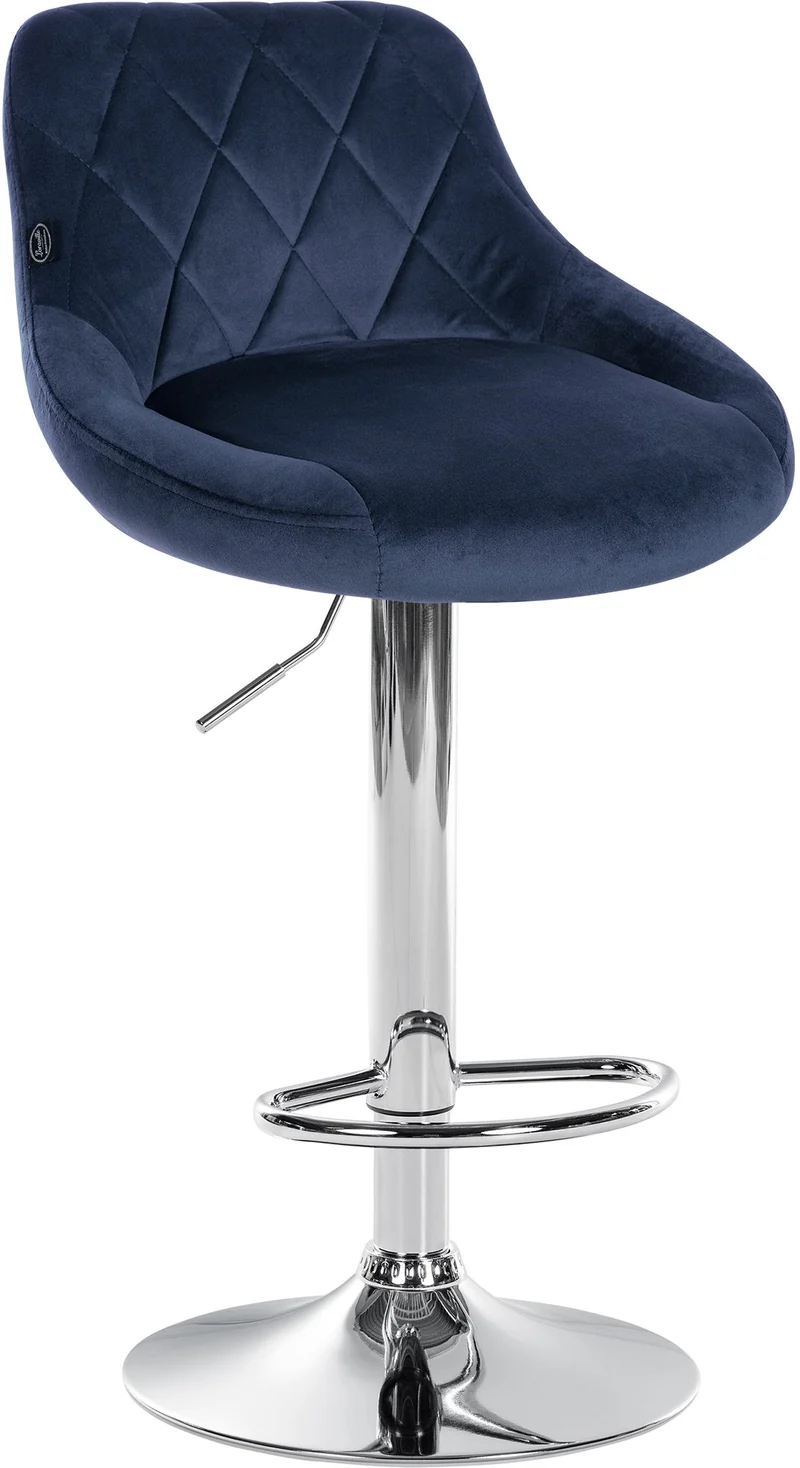 Tabouret de bar en velours bleu coutures décoratives pivotant support métal chromé TDB10672