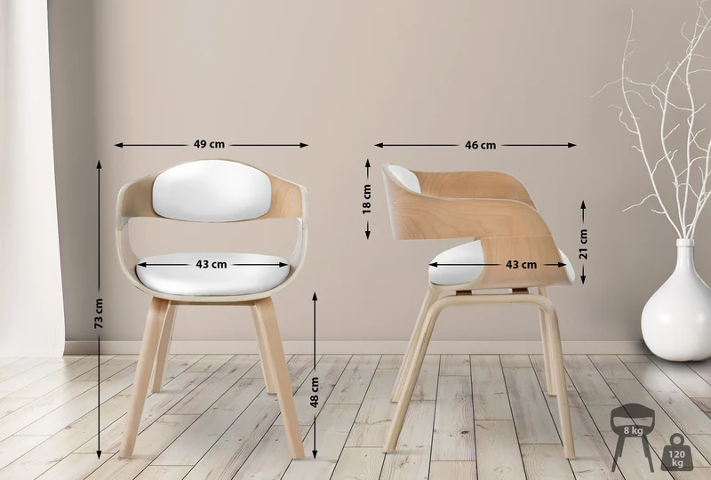 Chaise de bureau salle à manger visiteur design scandinave en bois clair et assise en PVC blanc 10_0001906