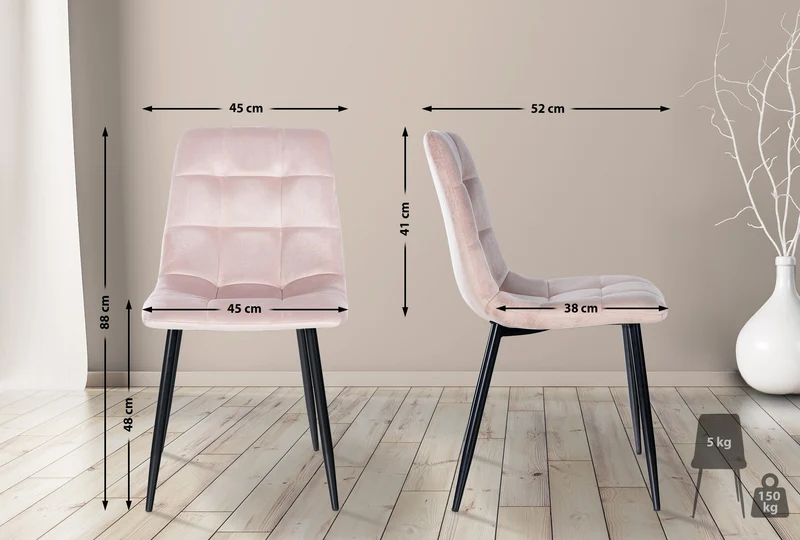 Lot de 4 chaises de salle à manger coutures décoratives carrées en tissu velours rose et métal noir 10_0001780