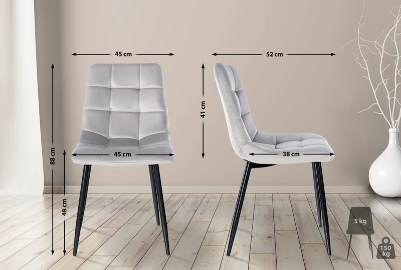 Lot de 4 chaises de salle à manger coutures décoratives carrées en tissu velours gris et métal noir 10_0001779