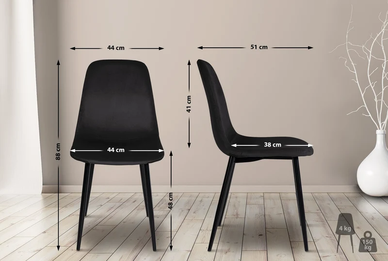 Lot de 4 chaises de salle à manger design moderne assise en tissu noir pieds en métal métal noir 10_0001827