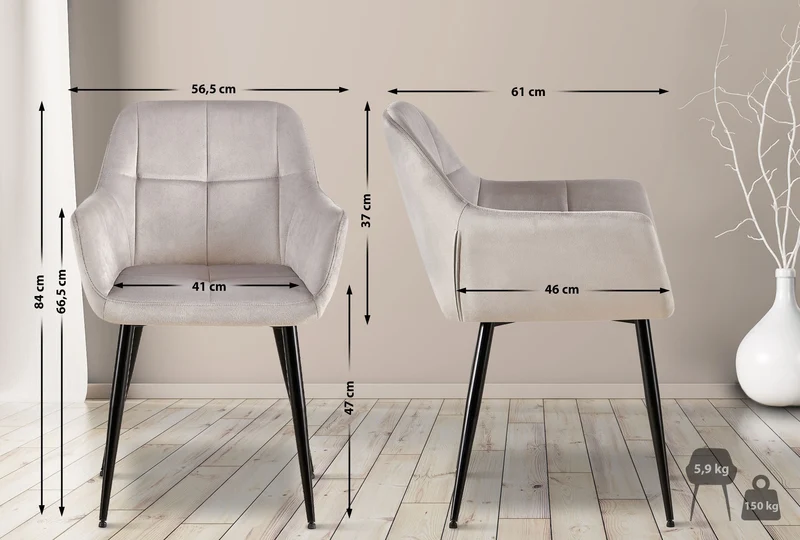Chaise de salle à manger bureau coutures décoratives carrées en velours gris clair pieds en métal noir 10_0001904