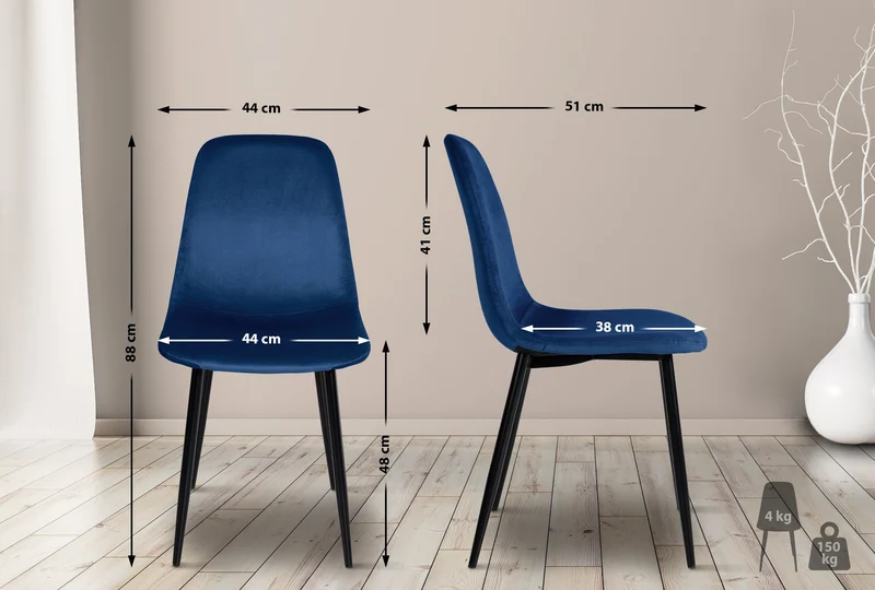 Lot de 4 chaises de salle à manger design moderne en tissu velours bleu pieds en métal noir 10_0001825