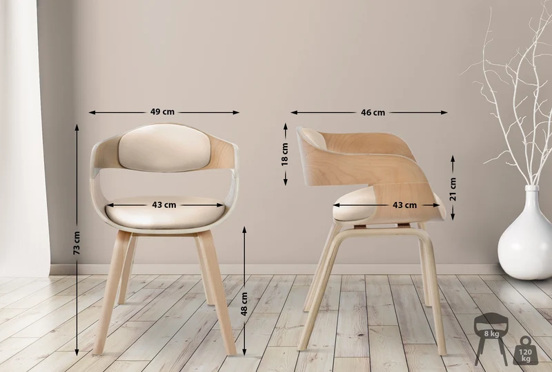 Chaise de bureau salle à manger visiteur design scandinave en bois clair et assise en PVC crème 10_0001907