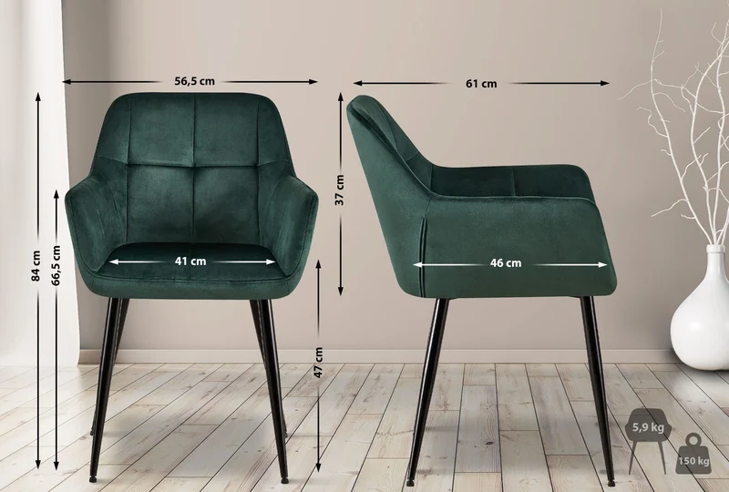 Chaise de salle à manger bureau coutures décoratives carrées en velours vert pieds en métal noir 10_0001899