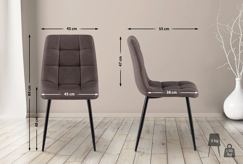 Lot de 4 chaises de salle à manger avec coutures décoratives carrées en tissu marron et pieds en métal noir 10_0001800