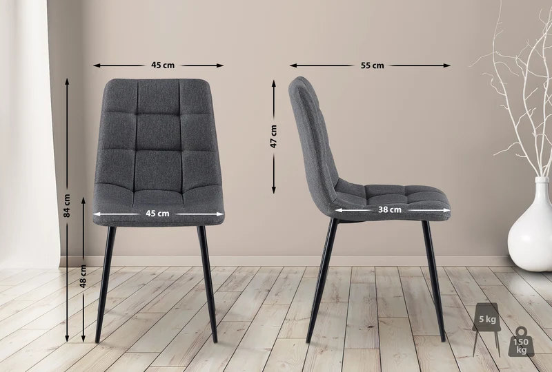 Lot de 4 chaises de salle à manger avec coutures décoratives carrées en tissu gris foncé et pieds en métal noir 10_0001801