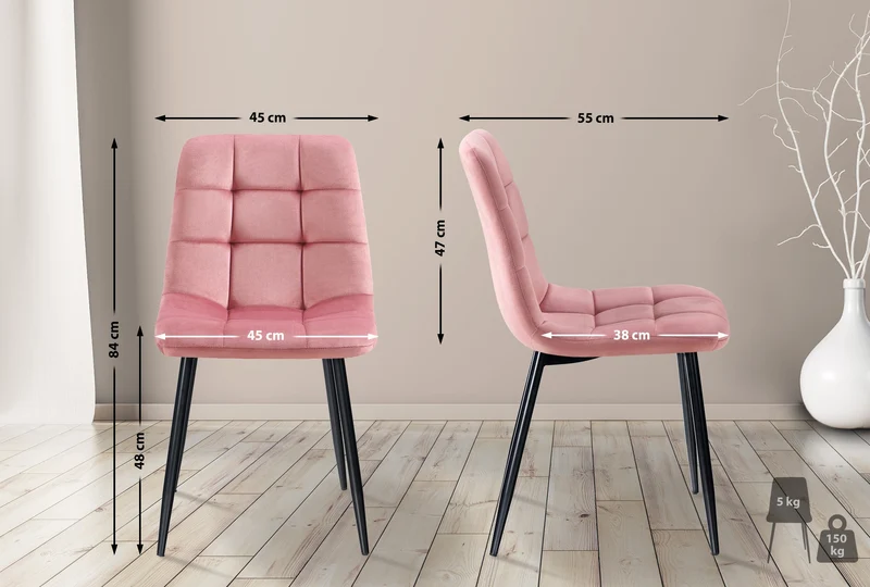 Lot de 4 chaises de salle à manger coutures forme carrées en tissu velours rose pieds en métal noir 10_0001799